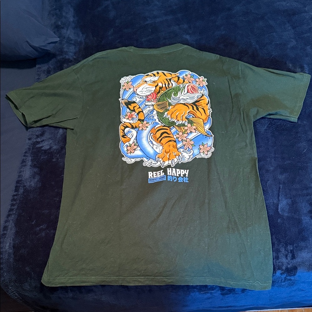 Green Reel Happy Fishing Co T-Shirt with Tiger Design
